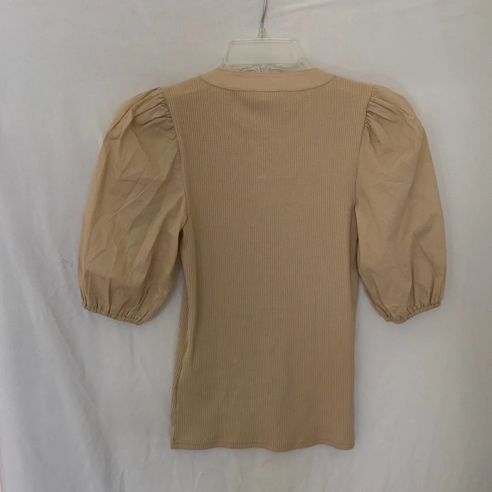 J. Crew Khaki Striped Puff Sleeves Square Neck Ribbed Blouse XXS